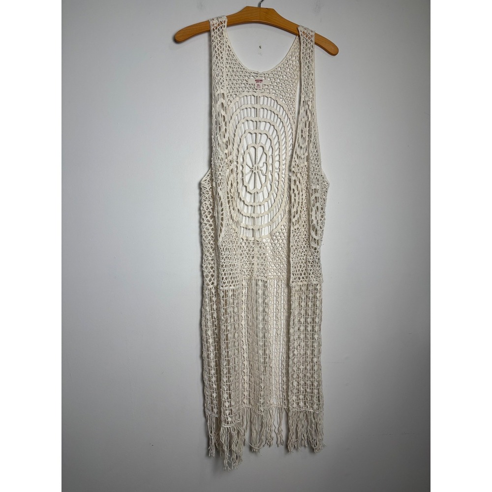 Mossimo Womens Cream Crochet Longline Fringe Boho Vest M/L Festival Layering